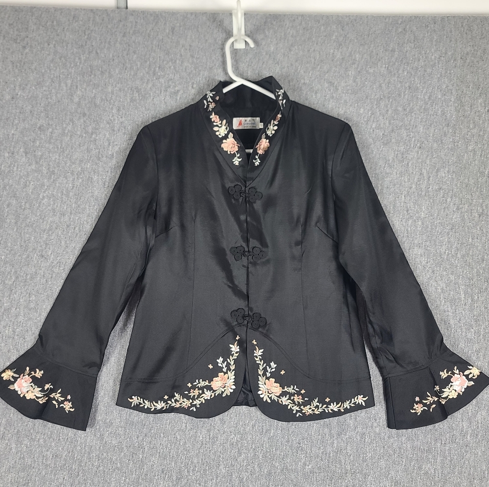 Vintage Laogudai Jacket Embroidered Black Peach Pink Floral China